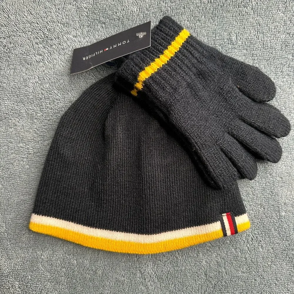 Tommy Hilfiger Hat and Glove Set 4-7 Yrs Youth NEW NWT Gray Yellow